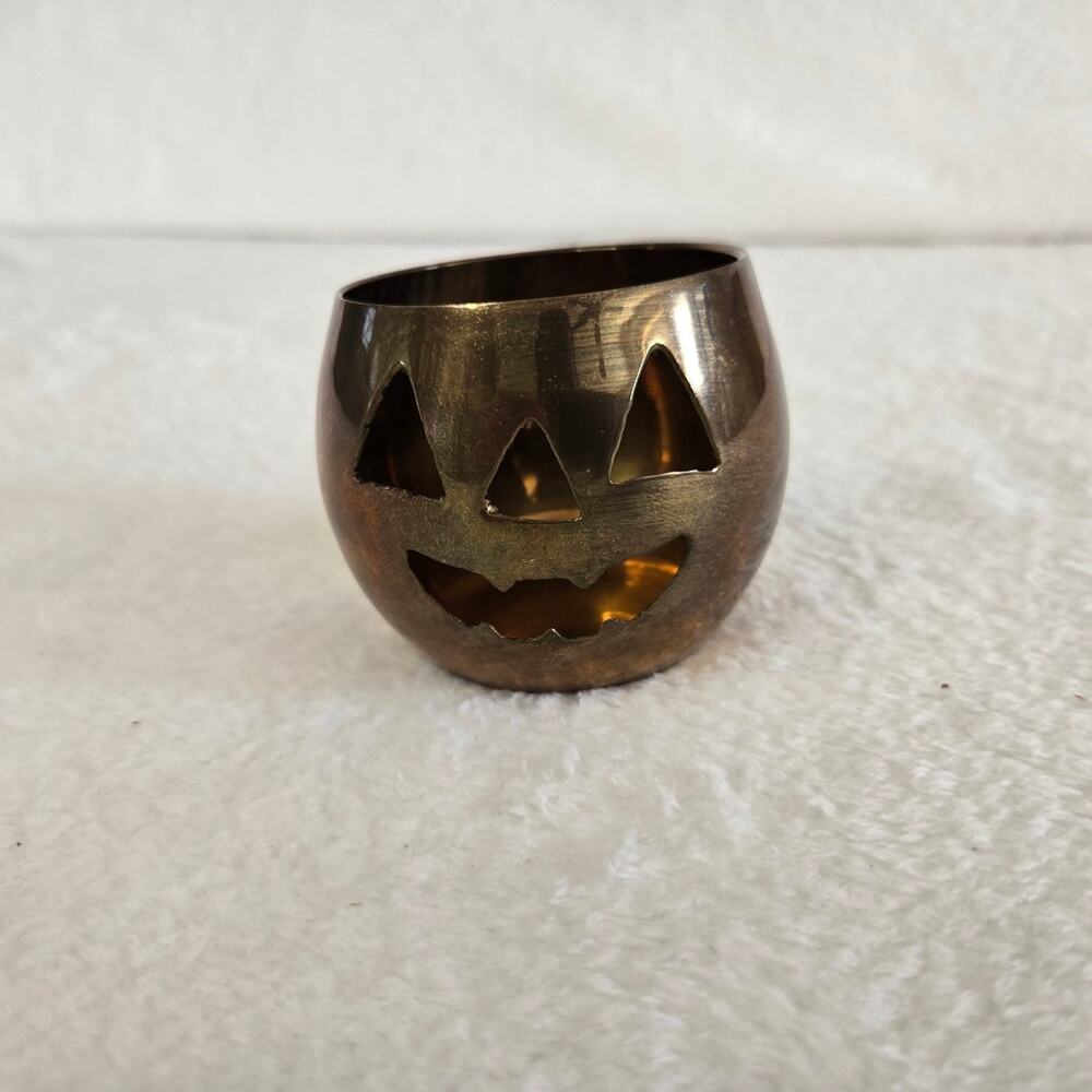 Vintage Solid Brass Jack O Lantern Pumpkin Candle Holder Table Decoration